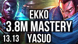 EKKO vs YASUO (MID) | 3.8M mastery, 1300+ games, 7/2/10, Dominating | NA Master | 13.13