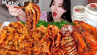 매운 알찜 특대에🦀🦐🦑왕새우,통오징어,낙지,가리비 해물 듬뿍추가해서 햇반 10개 쌓아놓고 먹기!ㅣ알곤 해물찜 리얼먹방ㅣSpicy Steamed seafood ASMR MUKBANG