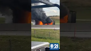 Tanker truck catches fire after rear-ending car on PA turnpike #news #fire #shorts