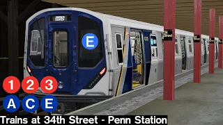 OpenBVE Virtual Railfanning: 1, 2, 3, A, C and E Trains at 34th Street - Penn Station