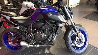 The YAMAHA MT 07 motorcycle blue color 2020 walkaround