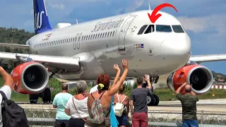 Airbus A320 VS Plane Spotters | JETBLAST & Waving Pilot at Skiathos Airport | Takeoff in 4K