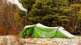 Hot Tent Camping In heavy Rain And Snow