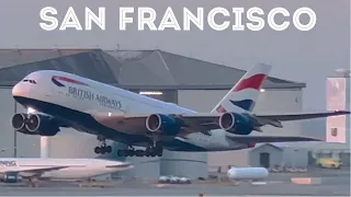 Departure ACTION at San Francisco International Airport: A380s, B777s, A330s etc!