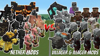 VILLAGER AND ILLAGER MOBS TEAM VS NETHER MOBS TEAM - MINECRAFT MOB BATTLE