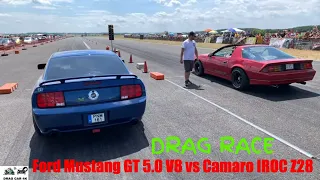 Ford Mustang GT 5.0 V8 vs Camaro IROC Z28 drag race 1/4 mile 🚦🚗 - 4K UHD