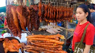 Cambodian street food tour at Olympic market | Delicious Grilled Duck, Fish, Pork ribs & more