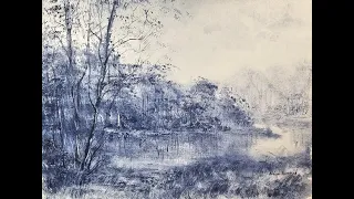 Beginner Tonalist Landscape painting. sodalite genuine on Grey toned Paper