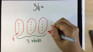 3 and 1 fourth renamed as a fraction greater than 1 using dots