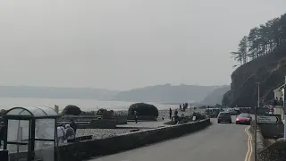 A Boeing CH-47 Chinook flying low along Amroth beach in South Wales