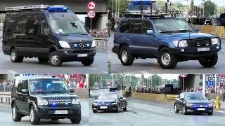 Unnmarked Secret Service vehicles on blue lights in Warsaw