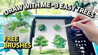 How to draw TREES with PROCREATE in 3 ways - easy iPad tutorial plus FREE brushes & color swatch