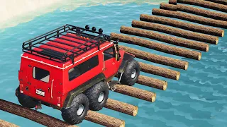 SUSPENSION TESTING ! CARS vs LOG BRIDGE ON LAKE ! Farming Simulator 19 !