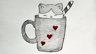 Pencil Drawing Easy Ideas | Cute Cat and Mug Drawing | How to draw cat easy drawing for beginners