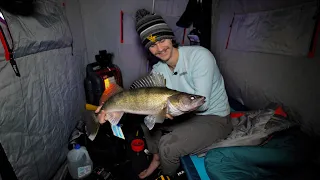 24 Hours Ice Camping in a Snowstorm for BIG WALLEYE!