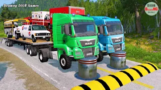 Double Flatbed Trailer Truck vs speed bumps|Busses vs speed bumps|Beamng Drive|208