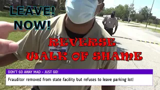 Frauditor gets removed from state hospital but won't leave the parking lot!