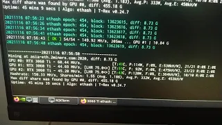 RTX 3060 TI LHR unlock Hynix vram 44 - 45 mhs ETH stableTest T-rex miner V0.24.7 LHR 75 on HiveOS