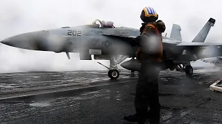 U.S. Navy ALL WEATHER ATTACK | USS Theodore Roosevelt Launches F/A-18E SUPER HORNETS In Light Rain