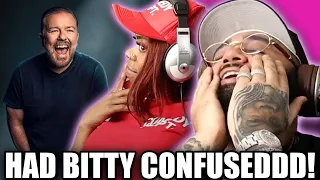 Learn English with Ricky Gervais - PURE COMEDYYYYYY - BLACK COUPLE REACTS