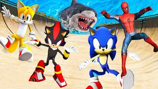 GTA5 Sonic Shadow Tails Spiderman  -  Flooded Los Santos | Funny Jump Falls | Euphoria Ragdolls