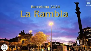 Barcelona evening walking tour - La Rambla - 4k 60FPS (2024)