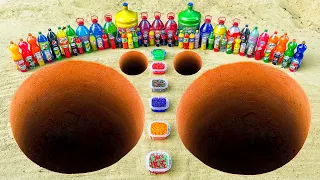 M&M's Candy in Holes vs Big Coca Cola, Pepsi, Fanta, Sprite, Mtn Dew vs Mentos and Many Sodas