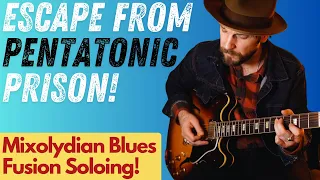 Escape Pentatonic Prison! Mixolydian Blues fusion soloing on "All Blues" Larry Carlton style! Lesson