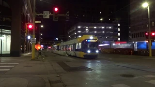 Metro Transit: Mall of America bound Flexity Swift Blue Line Train entering Nicollet Mall