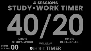 DARK Mode, Pomodoro 40/20 Study Timer, No Music, 4 Sessions, 40 Minute Study, Gentle Alarm