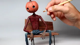 I Sculpted a Pumpkin Guy Sitting on a Bench - Halloween Polymer Clay Sculpture