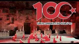 Türkiye Cumhuriyetinin 100. Yılı öğretmen ve öğrenci Aspendos antik tiyatroda gösterisi. Antalya