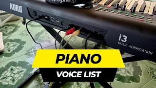 VOICE LIST CATEGORY: PIANO (KORG I3) - NO TALK