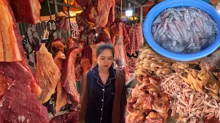 Best Cambodian Food Market Scenes Show Lifestyle of Vender Plenty of Raw Pork Fresh Vegetable Seafoo