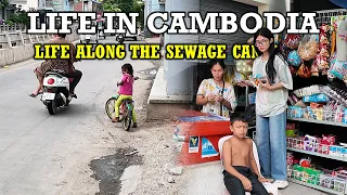 LIFE ALONG THE SEWAGE CANAL in PHNOM PENH CITY, CAMBODIA - [2K] Walking Tour