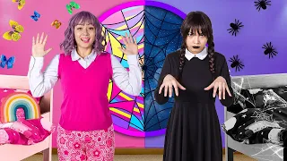 WEDNESDAY ADDAMS & ENID PLAY BLACK VS PINK FOOD CHALLENGE IN 24 HOURS FOR HALLOWEEN BY SWEEDEE