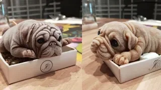 Pet dogs funny reaction for cutting dog shaped ice-cream cake