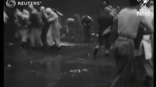 Students in Liverpool throw fruit and wrestle (1935)