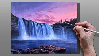 Acrylic Painting Majestic Waterfall Sunset / Correa Art