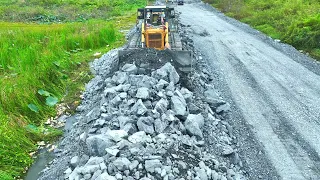 Part 4 ! Nice Action Building Road on Forest Lake By KOMATSU Bulldozer D60P Pushing Rock With Truck
