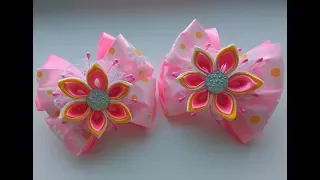 Праздничные бантики из лент с цветком Канзаши МК / Festive ribbon bows with flower Kanzashi MK