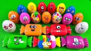Rainbow Eggs: Looking Numberblocks with CLAY inside Big Candy,... Coloring! Satisfying ASMR Videos