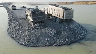 Best Action Building Long Road on Water ! Bulldozer D60Power  Pushing Rock and truck Unloading
