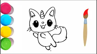 Cat Unicorn Drawing, Painting and Coloring for Kids, Toddlers | Let's Draw, Paint Togethe