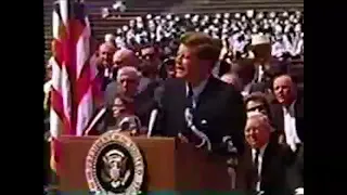 President John F. Kennedy delivers his famous "moon" speech at Rice University in Houston.