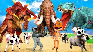 Giant Dinosaur vs 10 Cow Buffalo vs 10 Zombie Bulls Fight Cow Buffalo Saved By Mammoth Elephant