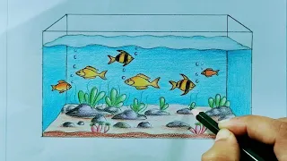 How to draw  fish aquarium//Easy fish tank drawing//Aquarium drawing for beginners