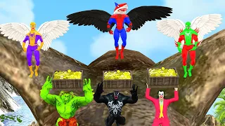 Spiderman rescues team shark spider  transporting treasure from bad guys joker vs hulk big vs venom