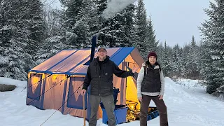 Hot Tent Camping with My WIFE for the FIRST Time in a Winter Snow Storm