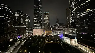 WTC 911 Memorial night view from Club Quarters Hotel top floor 2023